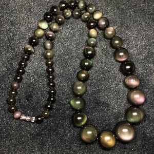 6-14mm Rainbow Eye Black Obsidian Round Gemstone Beads Tower Necklace 16-36 inch