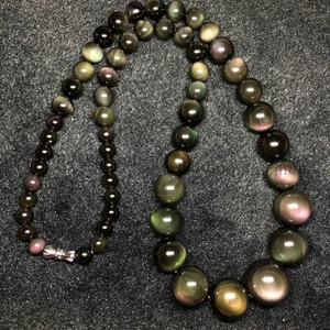 6-14mm Rainbow Eye Black Obsidian Round Gemstone Beads Tower Necklace 16-36 inch - Picture 1 of 21