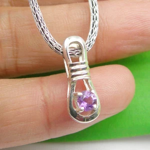 925 Sterling Silver 4mm Round Natural Amethyst Gemstone Pendant Necklace, P286 - Picture 1 of 8
