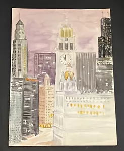Vintage Original Aquarell Stadt Landschaft Gemälde Kunst Stadtbild - Bild 1 von 6