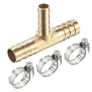 Brass Hose Barb Fitting 3/8x3/8x1/4 OD Tee Pipe Connector with Hose Clamps - Picture 1 of 5
