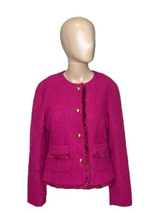 Talbots Women's Size 2 Bright Pink Tweed Blazer Jacket Gold Buttons Fringe EUC - Picture 1 of 6