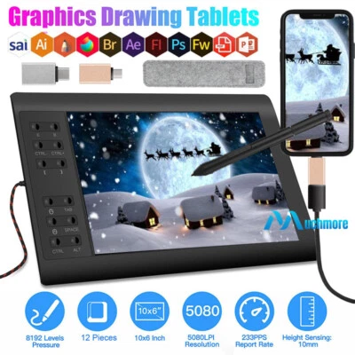 Graphics Drawing Tablet 10x6 inch Active Area 12 Hot Keys+Pen For PC/Mac/Android - Image 1 of 4