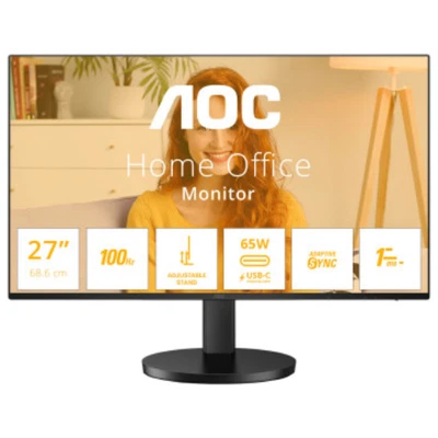 AOC 27" 2K QHD 100Hz 1ms USB-C PD65W IPS Monitor 16:9 1:1500 HDMI Black Q27B3CF2 - Image 1 of 4