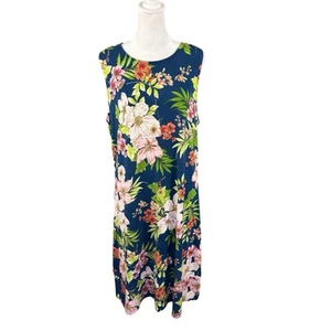 J Jill L Sleeveless Tank Dress Blue Tropical Floral Knee Length Jersey Knit - Picture 1 of 9