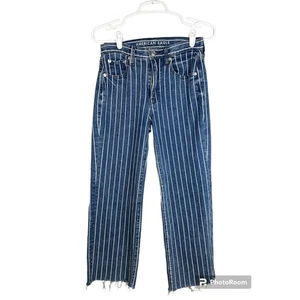 American Eagle blau weiß Nadelstreifen weites Bein Crop roher Saum Blue Jeans Gr. 00 - Bild 1 von 6