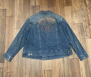 Harley Davidson Jacket Womens Large Blue Denim Studded Embroidered - Picture 1 of 7