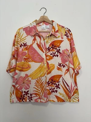 Linen Mix Shirt 14 16 42 44 Tropical Botanical Print Blouse 50s 60s Holiday Boho - Image 1 of 4