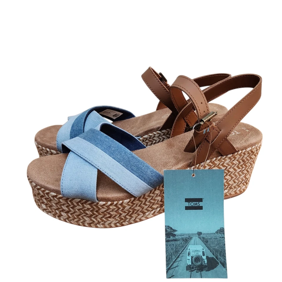 Sandalias TOMS Willow Wedge para mujer informales de cuero tostado de mezclilla azul marino 10015116 talla 10 Foto 1 de 4