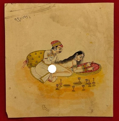 Pintura erótica feita à mão do rei mogol rainha Kamasutra cena de amor em papel antigo arte - Imagem 1 de 4