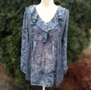 Jessica Simpson Babydoll Maternity Tunic Blouse Sheer Blue Gray Floral Ruffle XL - Picture 1 of 7