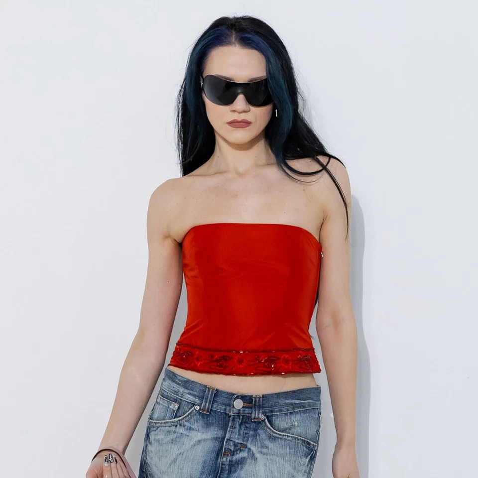 Винтажный Y2K Jones бисером и вышитый корсет без бретелек топ в любви красный - Изображение 1 из 4