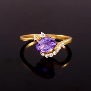 Oval Cut Purple Amethyst Gemstone & Moissanite Bridal Ring Stackable Gold Ring - Picture 1 of 3