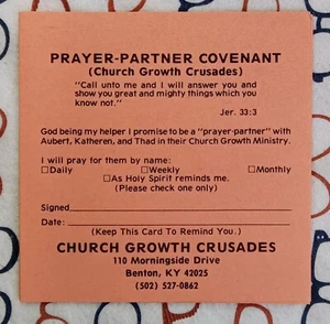 Tarjeta de Pacto de Socio de Oración Benton KY Cruzadas de Crecimiento de Iglesia Años 70 De Colección Sin Usar - Imagen 1 de 2