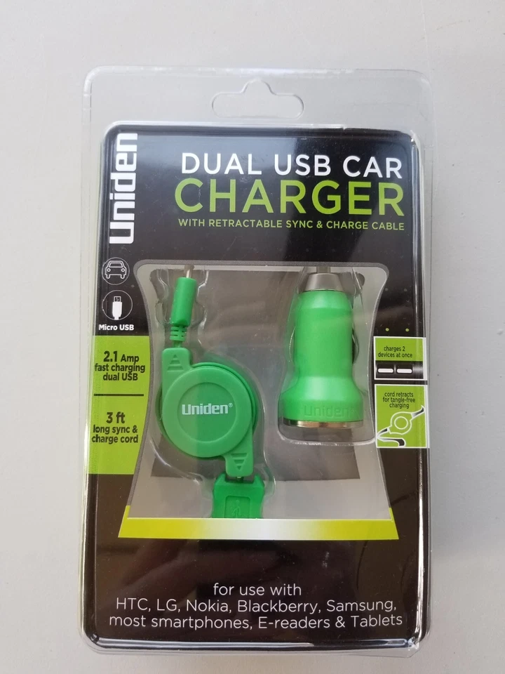 Автомобильное зарядное устройство Uniden с двумя USB с выдвижным кабелем синхронизации и зарядки - Изображение 1 из 1