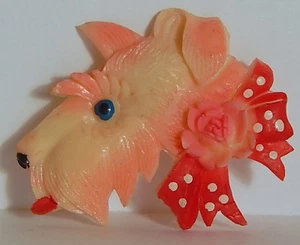 CELLULOID OCCUPIED JAPAN WESTIE SCOTTIE DOG HEAD BROOCH POLKA DOT BOW W/ ROSE - Picture 1 of 2