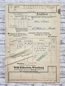 1932 Köberlein Zickwolff Würzburg Schedel Dettelbach Frachtbrief Reichsbahn alt - Picture 1 of 3