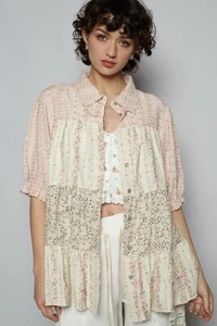POL Clothing Embroidered Floral Button Front Short Sleeve Tiered Blouse in Pink - Picture 1 of 5