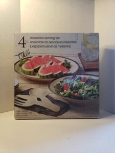 MELAMINE 4 PC SERVING SET PLATTER BOWL FORK SPOON CREAM/BROWN PARTY HOST NIB - Picture 1 of 3