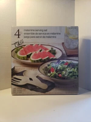 MELAMINE 4 PC SERVING SET PLATTER BOWL FORK SPOON CREAM/BROWN PARTY HOST NIB - Image 1 of 3