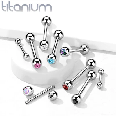Titanio sólido grado implante con bisel circonita cúbica anillos lengua pezón barras 14G Foto 1 de 4