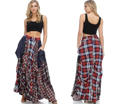 NEW TOV HOLY The Damsel's Red Plaid Flowing Maxi Skirt S M L XL MSRP $216 - Image 1 of 4