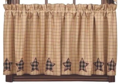24" L Plaid Star Appliqued Window Tiers Red Tan Check Cafe Curtains Bingham Star - Image 1 of 4