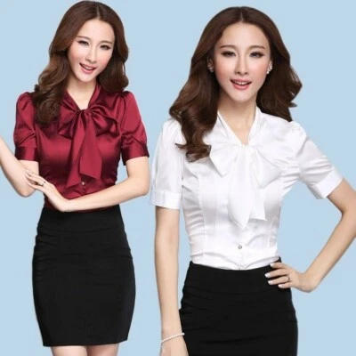 Lady Satin Shirt OL Blouse Formal Top Chiffon Slim Cap Sleeve Bow Tie 4XL Formal - Image 1 of 4