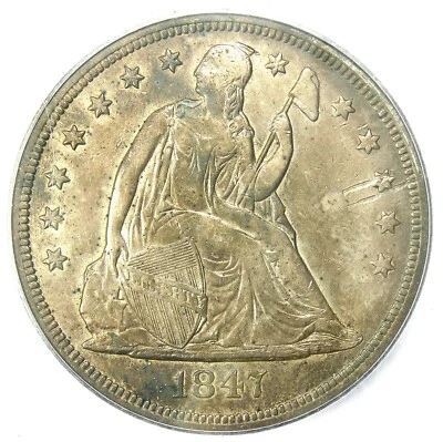 Moneda de 1 dólar de plata libertad sentada de 1847. Detalle certificado ICG AU53 - Moneda rara Foto 1 de 4