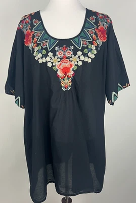 JOHNNY WAS S/S Embroidered Lightweight Cotton Tunic- 3X, Black Coral Blue Silver - Image 1 of 4