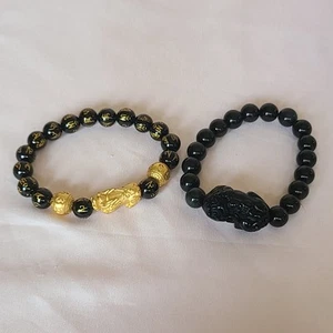 Feng Shui Black Obsidian Pho Dog  Beaded Gold Tone Bracelets Wealth Good Luck - Picture 1 of 11