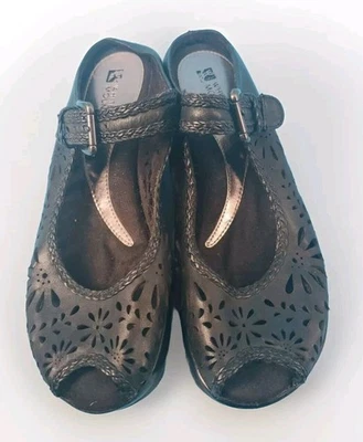 Zuecos para mujer Peep Toe talla 7 corte floral boho cuero negro blanco montaña Foto 1 de 4