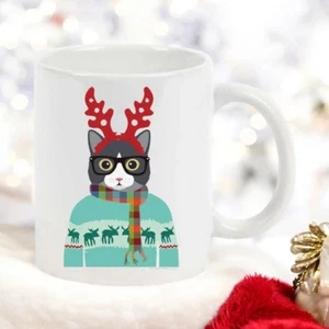 New Ceramic Hipster Cat Kitten in Reindeer Antlers Sweater 11oz Coffee Tea Mug - Picture 1 of 1