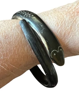 Antique Eternity Symbol Carved Black Bovine Horn Snake Bangle Bracelet 7” - Picture 1 of 15