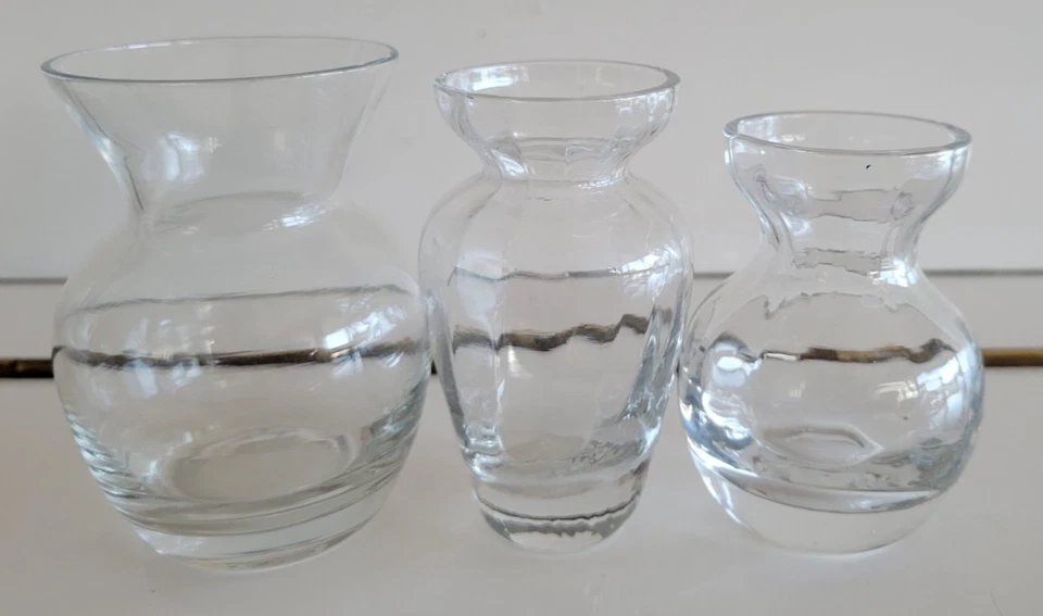 3 MINI JARRONES DANSK DE VIDRIO TRANSPARENTE PEQUEÑOS MEDIANOS GRANDES TOPS Foto 1 de 4