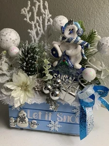 Christmas Let It Snow Snowman Snowflakes Small Wood Crate Tiered Tray Decor New - Picture 1 of 6