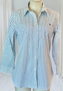 Women's Ralph Lauren M Blue White Striped Non-Iron Dress Shirt Collared - Picture 1 of 6