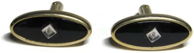 复古男式袖扣黑色椭圆形宝石黄铜小号钻石中心 — 第 1/3 张图片