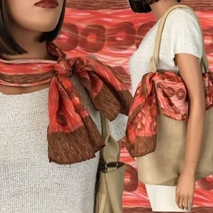Vintage Wood Look Print Scarf Orange Brown Chain Pink Cream Oblong Fall Autumn - Picture 1 of 11