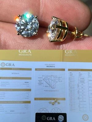 4ct TW Moissanite Solitaire Stud Earrings 14k Gold Plated 925 Silver GRA 8mm - Image 1 of 4