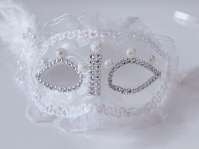Women Girls Feather Masquerade VENETIAN Ball Party Pearl White Face Eye Mask  - Image 1 of 4