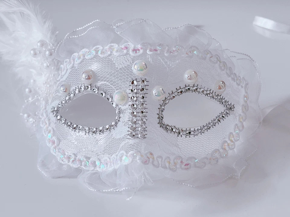 Women Girls Feather Masquerade VENETIAN Ball Party Pearl White Face Eye Mask  - Image 1 of 4