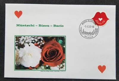 [SJ] Switzerland Valentine's Day 2022 Roses Kiss Mouth Love (FDC) *odd *unusual - Image 1 of 4