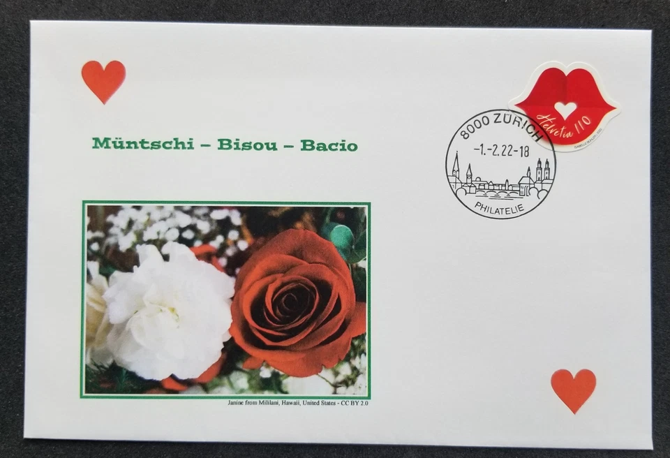 [SJ] Switzerland Valentine's Day 2022 Roses Kiss Mouth Love (FDC) *odd *unusual - Image 1 of 4