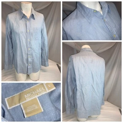 Michael Kors Long Sleeve Button Shirt L Men Blue Linen Cotton Mint YGI H0-207 - Image 1 of 4