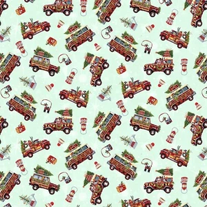 Snow Dog Express Cotton Fabric 1 Yd Campers Trucks Mint - Picture 1 of 1