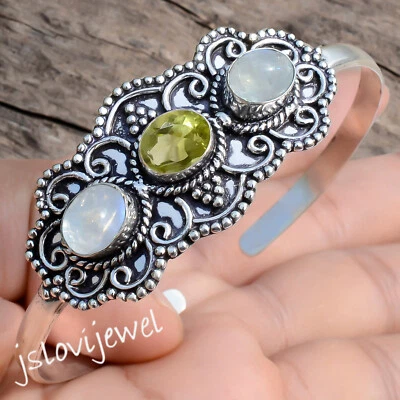 Moonstone & Peridot Cut Gemstone 925 Sterling Silver Designer Bangle Cuff - Image 1 of 4