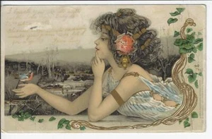 1902 Tuck #283 Art Nouveau Postcard Beautiful Woman w/ a Robin - Picture 1 of 2