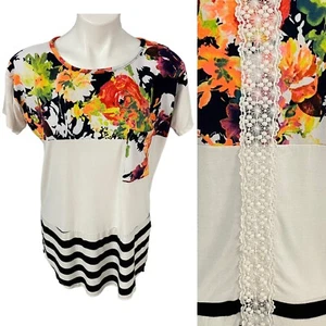 Túnica Hershe Top Mujer Mediana Verano Floral Bloques de Colores Manga Corta Rayas Trabajo - Imagen 1 de 13