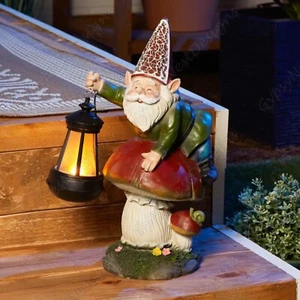 Whimsical Gnome On Mushroom w Solar LED Lantern Statue Outdoor Patio Yard Décor - Picture 1 of 11